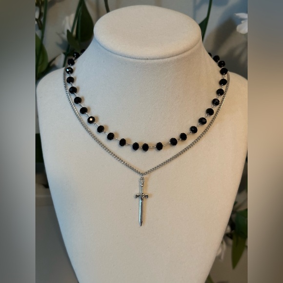 Sword Pendant Silver Tone Necklace Black Beaded Choker Double layered. - Picture 2 of 6